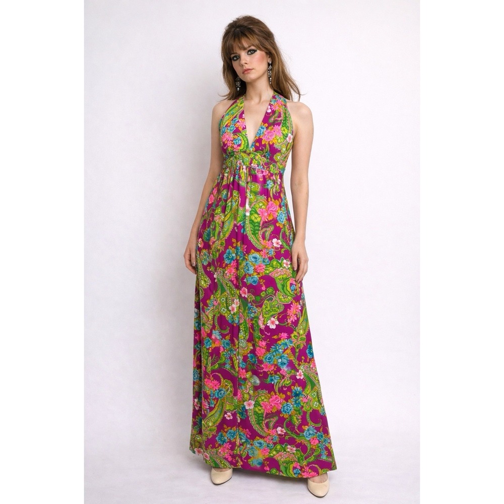 Vintage 70s Psychedelic Floral Halter Maxi Dress Boho Hippie B-33.5" S